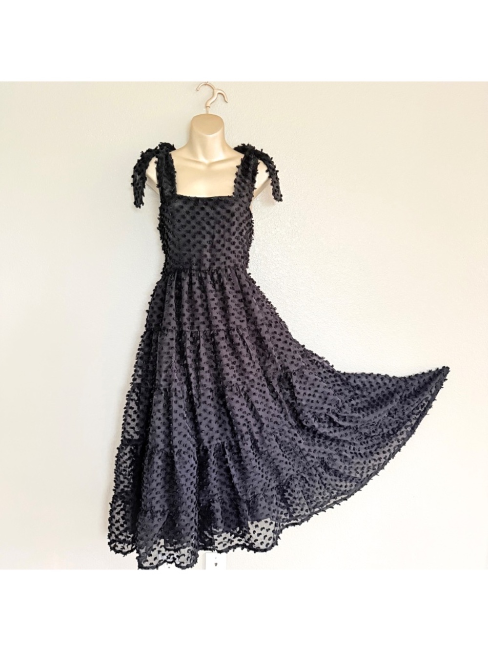 Sister Jane Black Swiss Dot Tie Strap Cottagecore Tiered Tulle Midi Dress Sz M